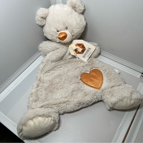 Demdaco Gray Bear Orange November Heart Plush Baby Toy Rattle Birth Month - Picture 1 of 6